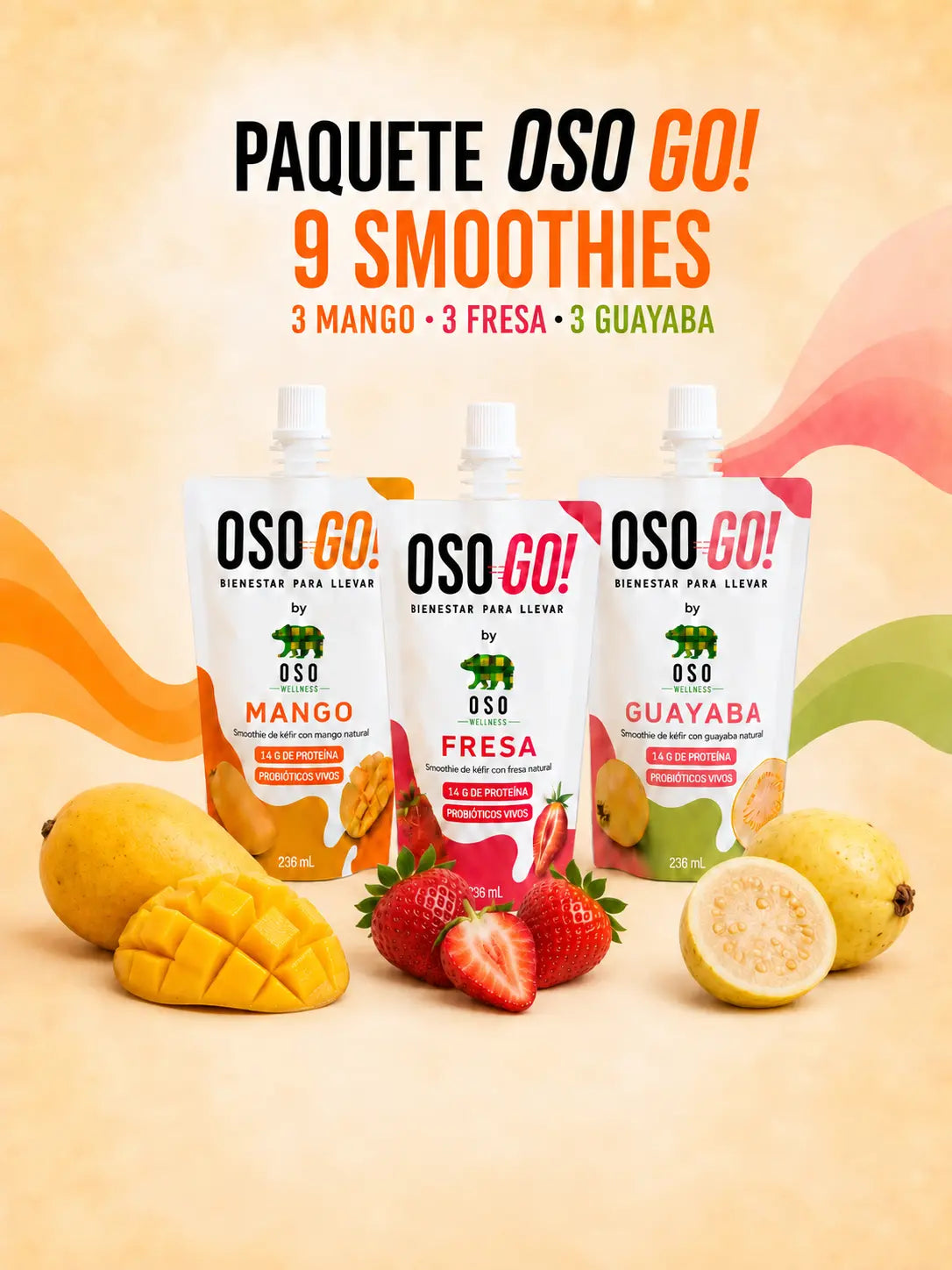 Paquete OSO GO! con 9 smoothies de kéfir: 3 Mango, 3 Fresa y 3 Guayaba